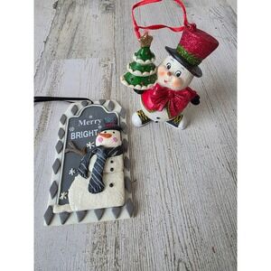 Vintage snowman glitter ornament Xmas tree red green Gray plaque